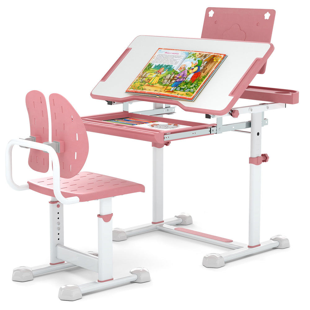 Side view of the kid's pink study desk and chair set, showcasing the height adjustment crank and spacious, tiltable.