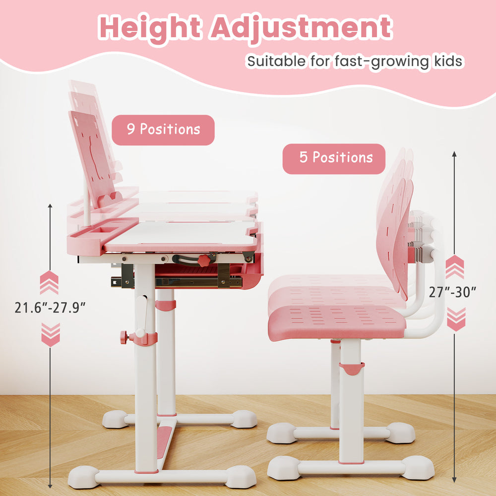 Height-adjustable kid's study desk and chair set in pink, featuring 9 desk and 5 chair positions for growing children.