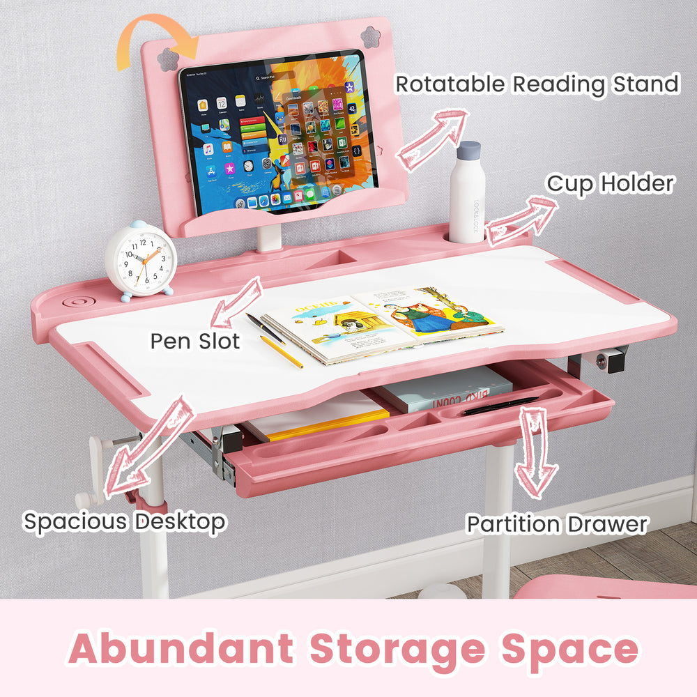 Kid's study desk set in pink with adjustable height, spacious desktop, and storage features like a cup holder and pen.