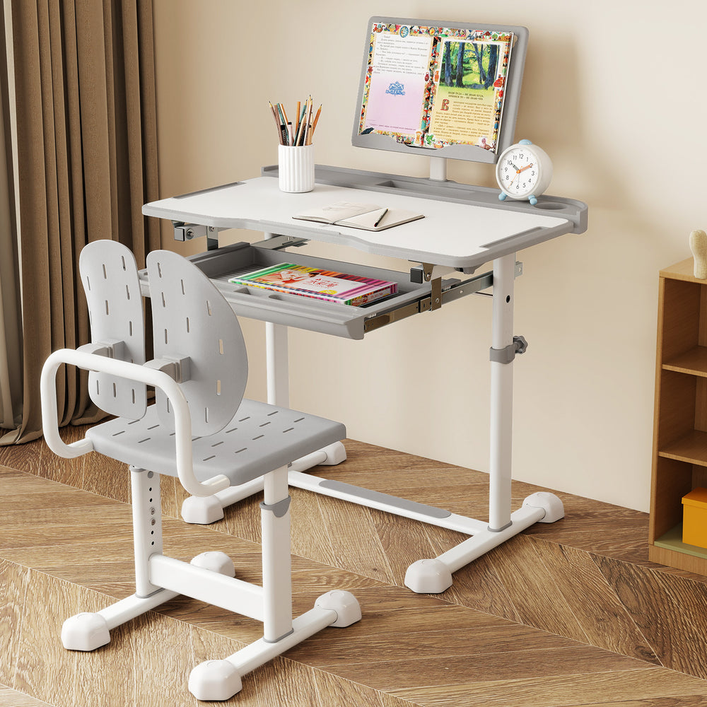 Kid's Study Desk and Chair Set with Tilt Desktop and Book Stand-Gray - Gallery View 1 of 9