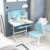 Kid's study desk in blue with tiltable desktop, adjustable height, and supportive chair for comfortable learning.
