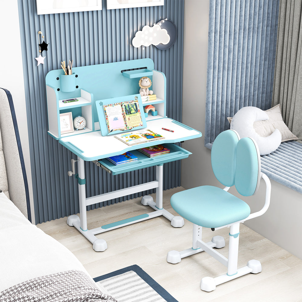 Kid's study desk in blue with tiltable desktop, adjustable height, and supportive chair for comfortable learning.