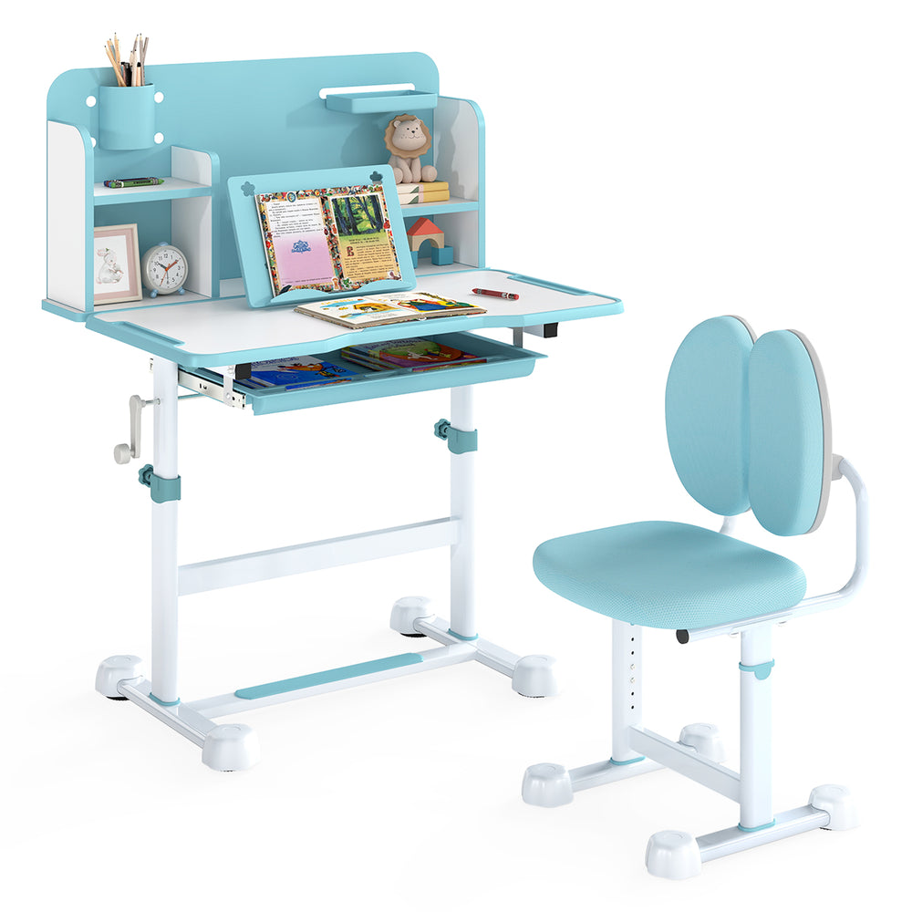 Kid's study desk set in blue with tiltable desktop, adjustable chair, and ample storage for organized study space.