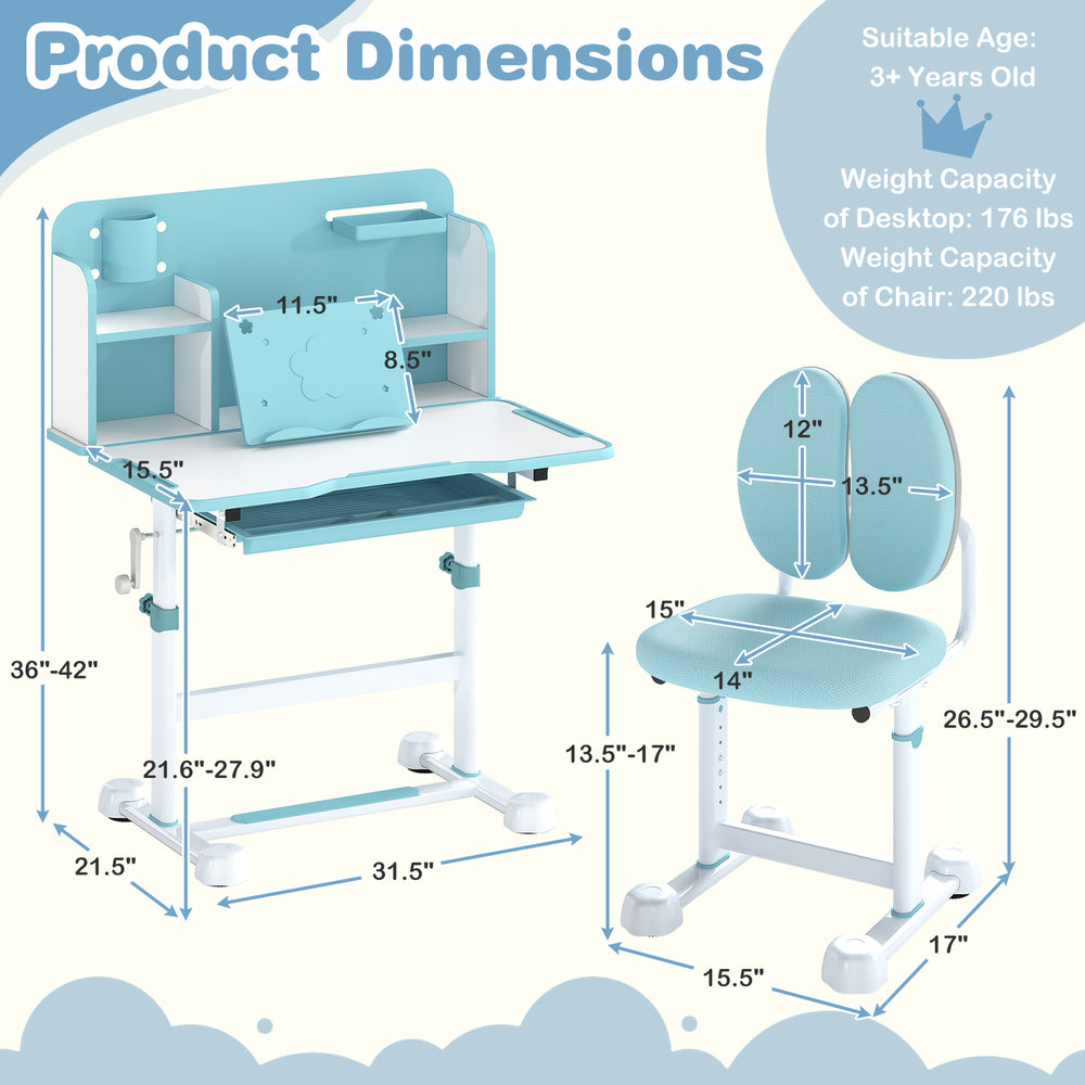 Kid's study desk with tilt desktop and pen holder in blue, featuring adjustable height and supportive backrest for.