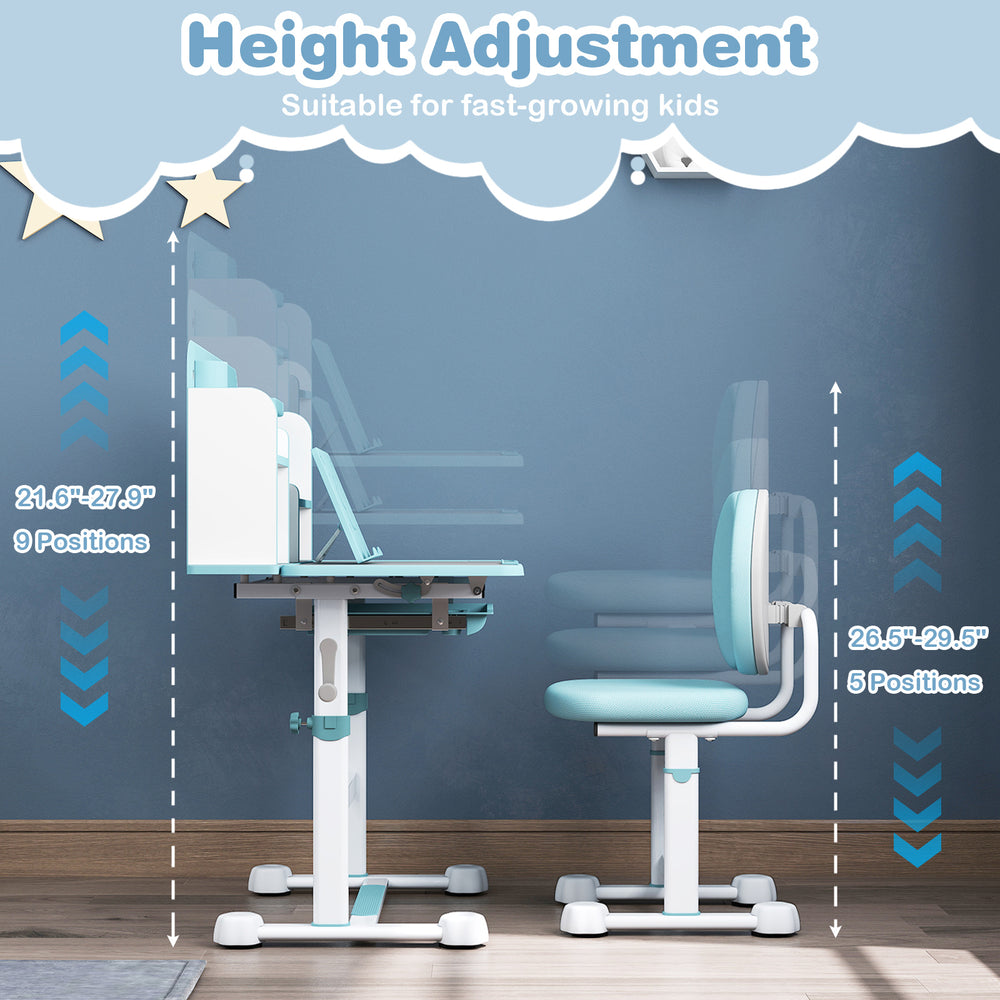 Kid's study desk with height adjustment, tiltable desktop, and supportive backrest in blue, ideal for fast-growing kids.