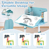 Kid's study desk with a tiltable blue desktop, adjustable height, and pen holder for writing, reading, and drawing.