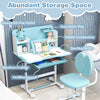 Kid's study desk in blue with tiltable desktop, removable pen holder, and built-in bookshelves for organized learning.