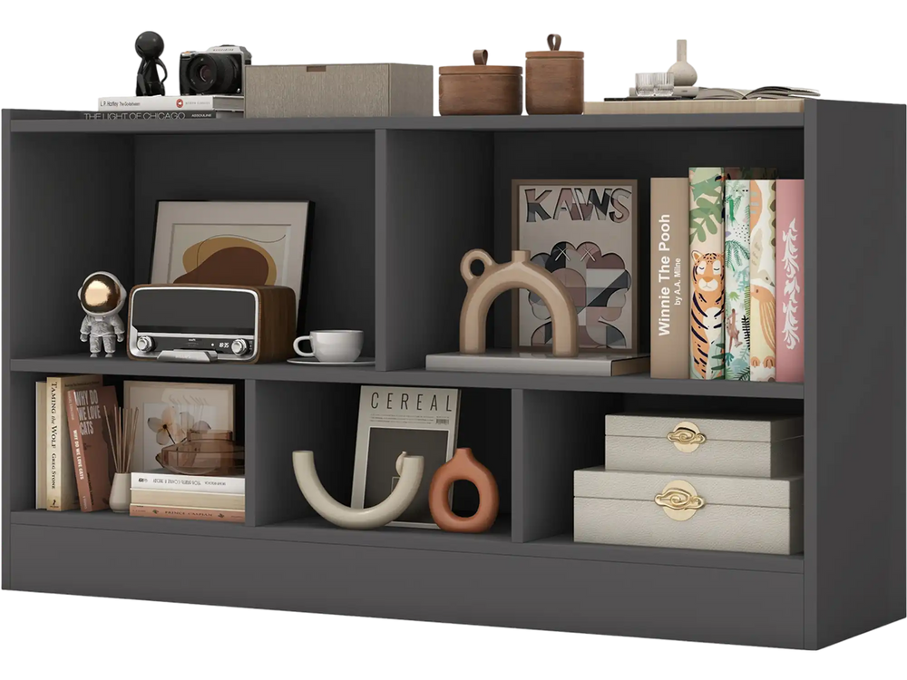 Gray 2-shelf bookcase with 5 compartments for kids' toys and books, ideal for playrooms and living spaces.