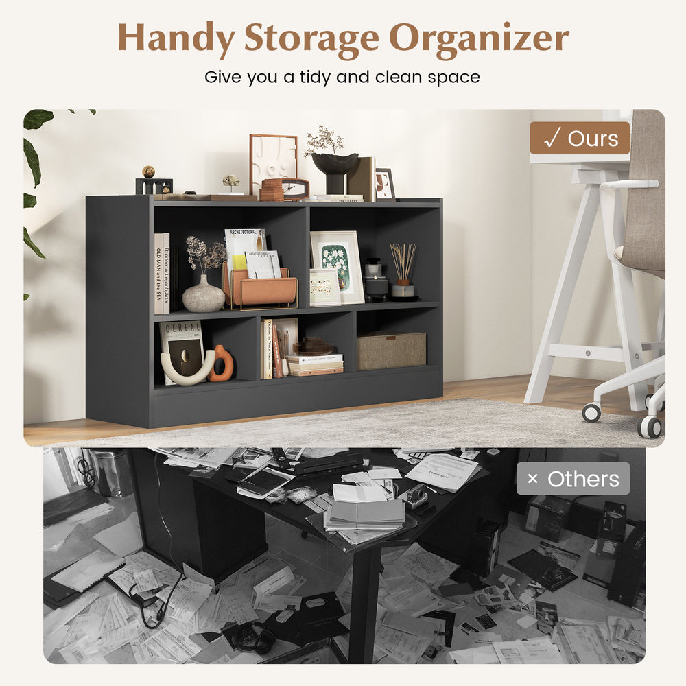 Gray kids' 2-shelf bookcase with 5 spacious compartments for toy storage, ideal for playrooms and classrooms.
