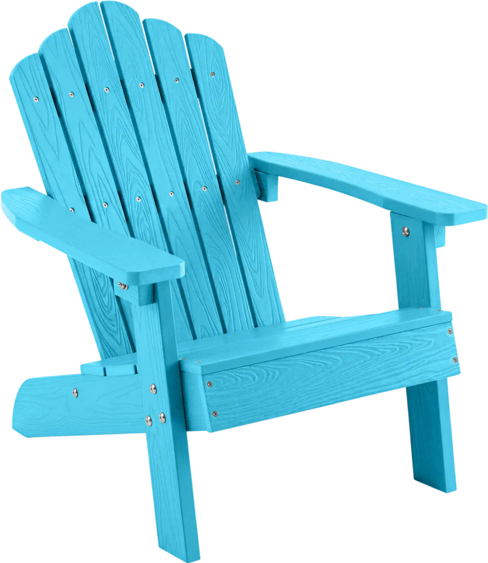 Turquoise kids Adirondack chair with tilted high backrest, made of all-weather HIPS material for outdoor use.