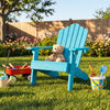 Kids Adirondack chair in turquoise with tilted high backrest, perfect for outdoor relaxation in the backyard.