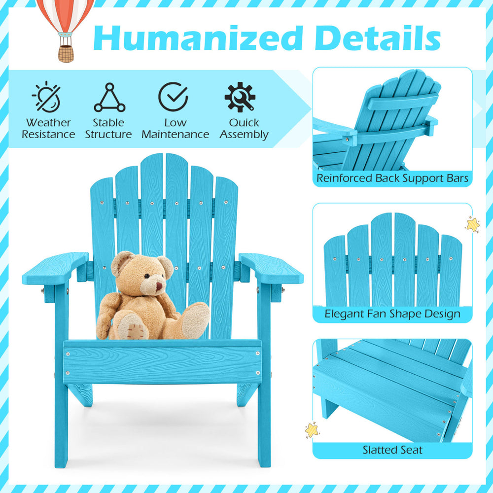 Kids Adirondack chair in turquoise with tilted high backrest, reinforced support, and slatted seat for outdoor use.