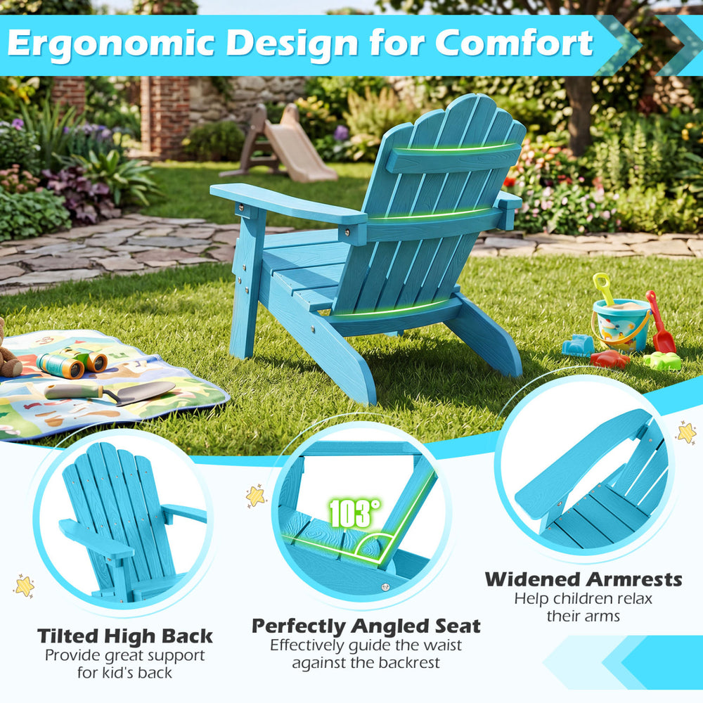 Kids Adirondack chair in turquoise with tilted high backrest and widened armrests, perfect for outdoor relaxation.