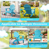Kids Adirondack chair in turquoise with tilted high backrest, ideal for outdoor use on the porch, balcony, or poolside.