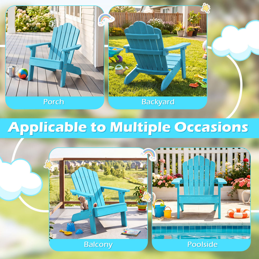 Kids Adirondack chair in turquoise with tilted high backrest, ideal for outdoor use on the porch, balcony, or poolside.