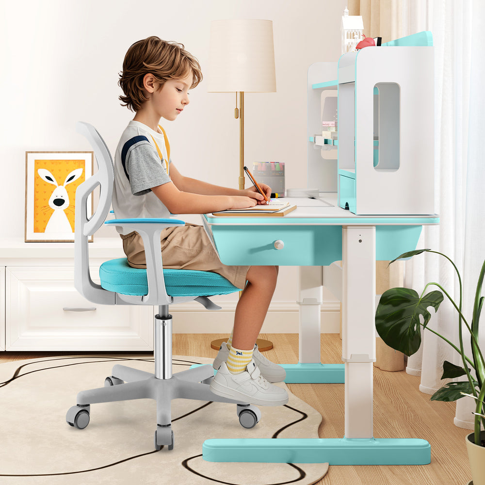 Ergonomic turquoise adjustable desk chair for kids with armrests, 360-degree swivel, and auto brake casters.