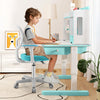 Ergonomic turquoise adjustable desk chair for kids with armrests, 360-degree swivel, and auto brake casters.