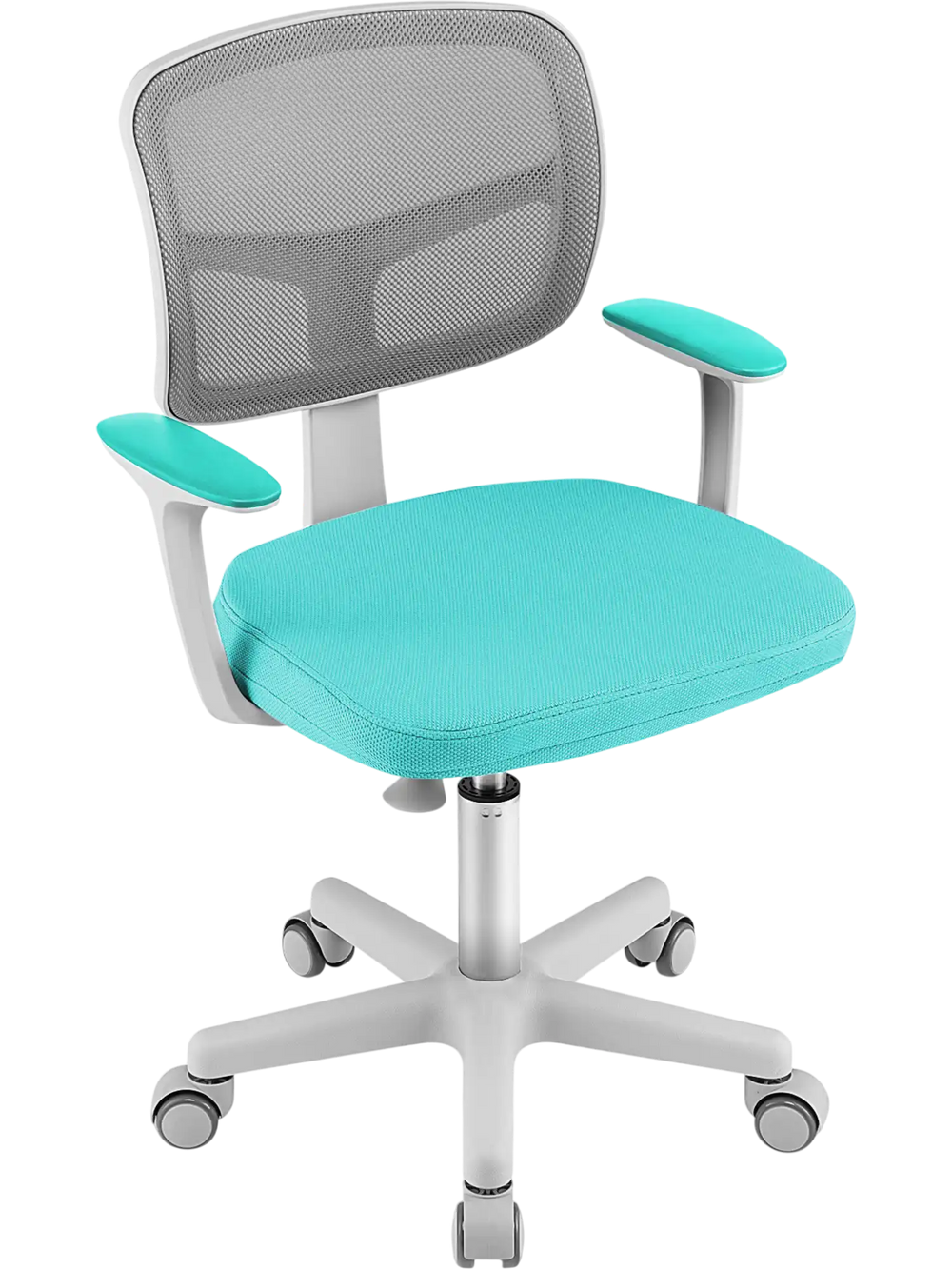 Turquoise adjustable desk chair with ergonomic design, armrests, and auto brake casters for kids' comfort and support.