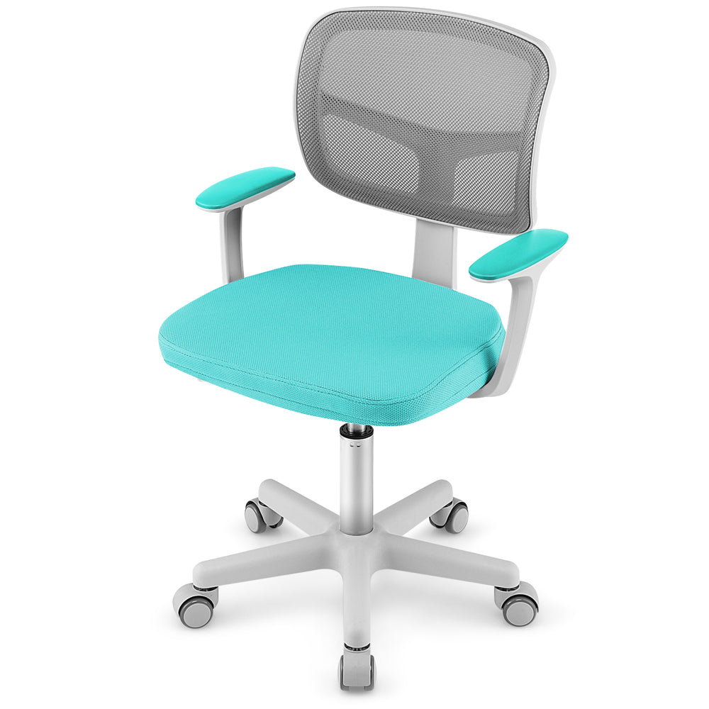 Turquoise adjustable desk chair with ergonomic design, armrests, and mesh fabric for kids, featuring auto brake casters.