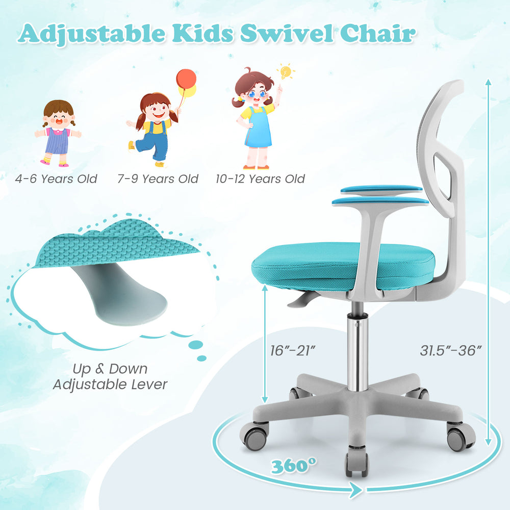 Adjustable kids swivel chair in turquoise with ergonomic design, height adjustable from 31.5 to 36 inches for comfort.