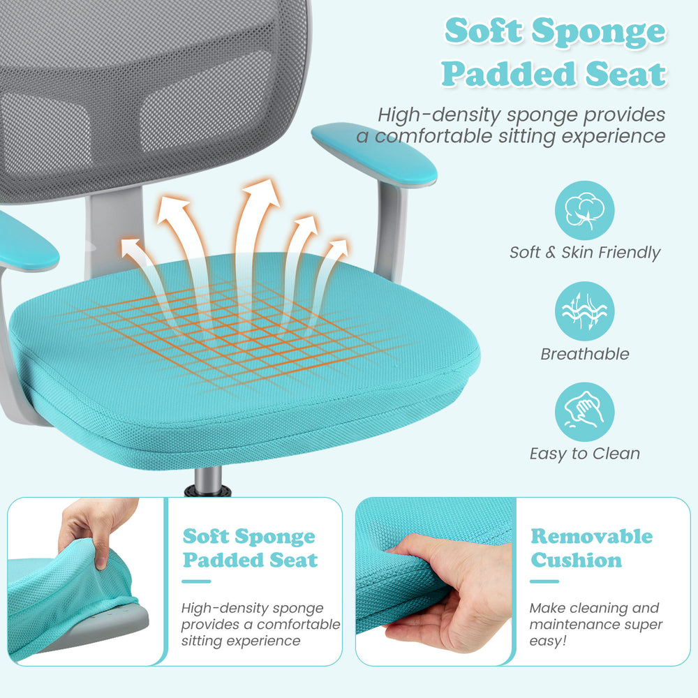 Soft sponge padded seat of the turquoise adjustable desk chair, designed for comfort and easy cleaning for kids.