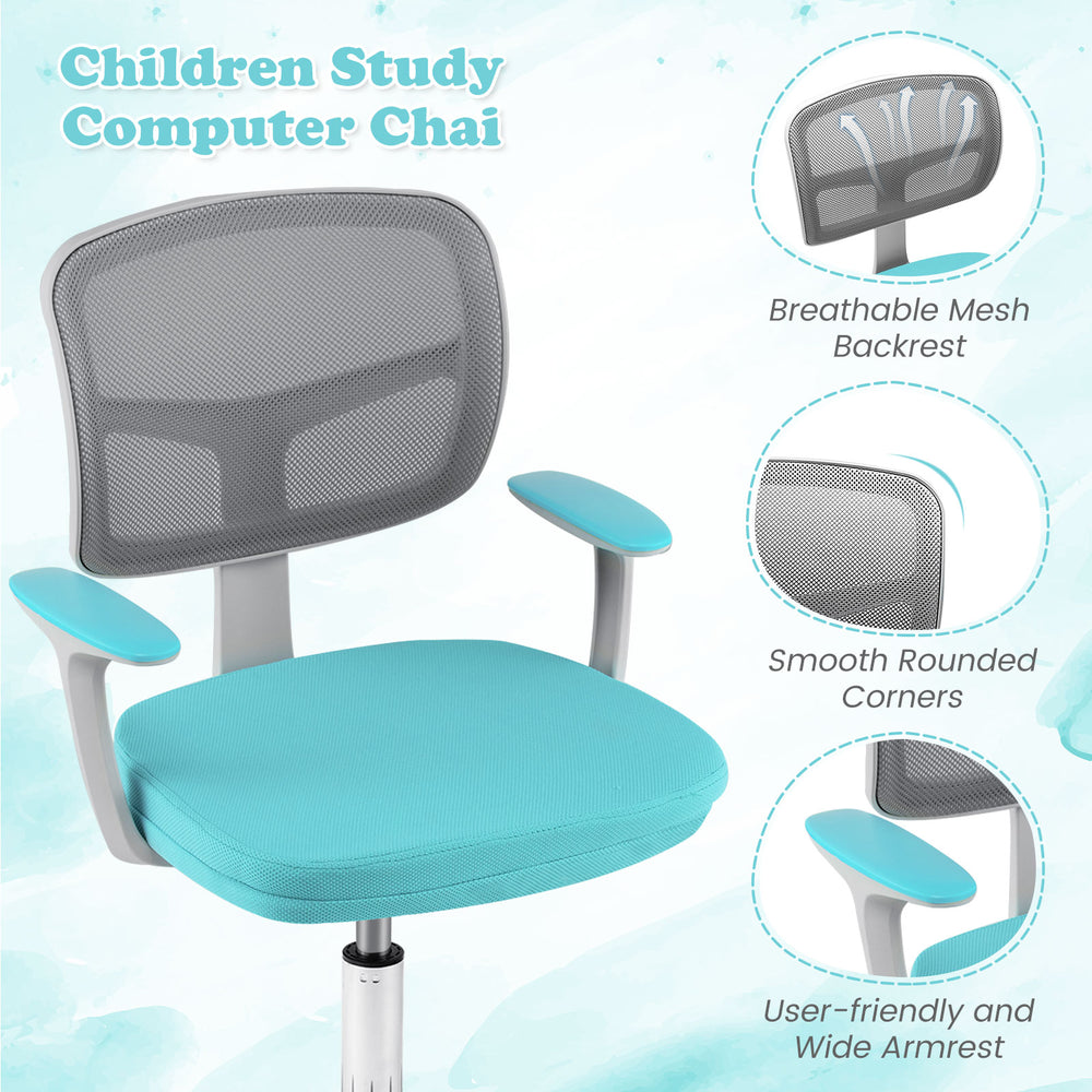 Children's adjustable desk chair in turquoise with breathable mesh backrest and user-friendly armrests for comfort.