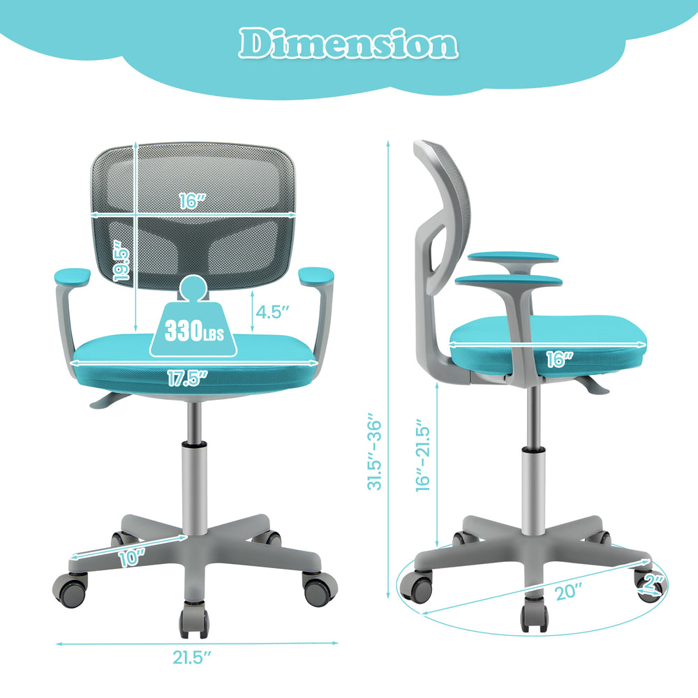Adjustable desk chair dimensions with turquoise upholstery, ergonomic design, and height range of 31.5 to 36 inches.