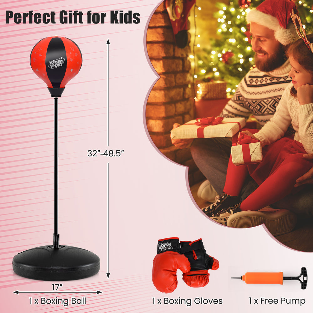 Kids adjustable stand punching bag toy set in red with boxing gloves, height adjustable from 32" to 48.5" for safe play.