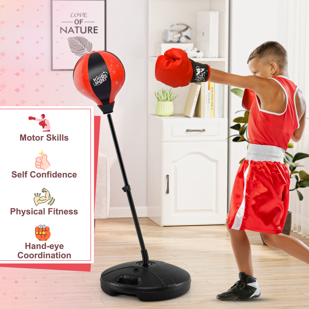 Kids adjustable stand punching bag set in red with boxing gloves, promoting motor skills and physical fitness for.