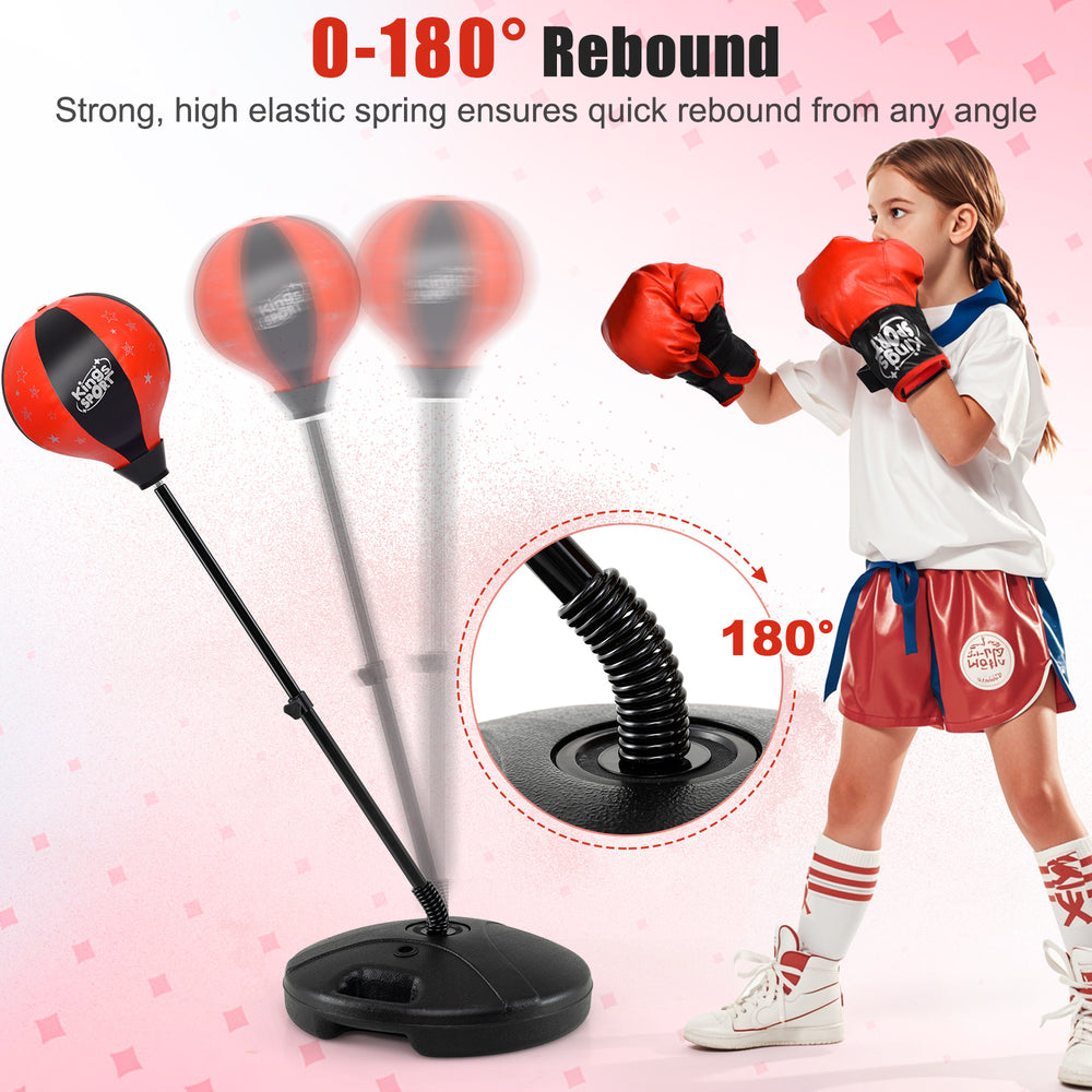 Kids adjustable stand punching bag set with boxing gloves, featuring 0-180° rebound for enhanced training fun.