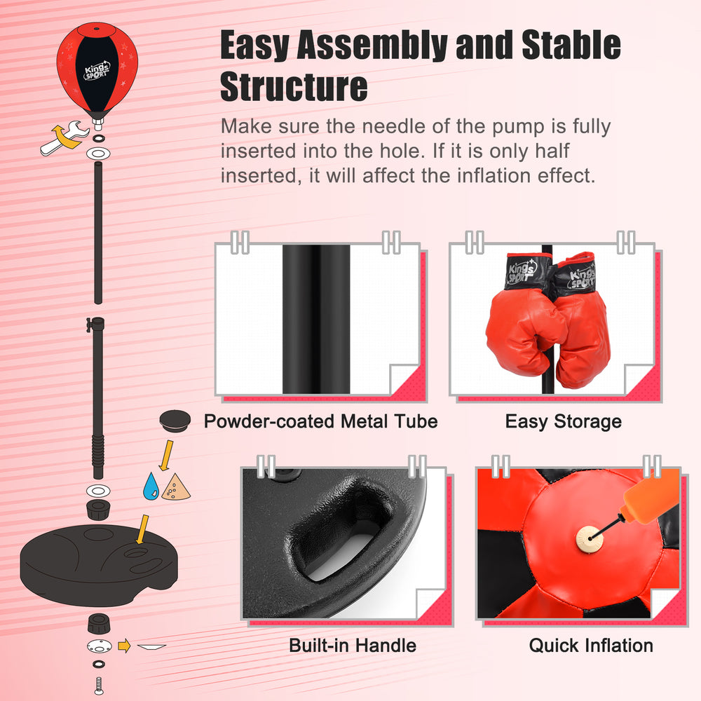 Kids adjustable stand punching bag set with red boxing gloves, height 32" to 48.5", designed for safe exercise.