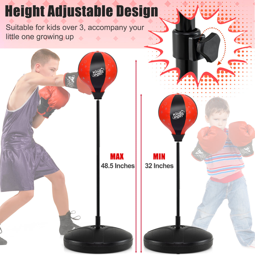 Kids adjustable stand punching bag set in red, height from 32" to 48.5", includes soft boxing gloves for safety.