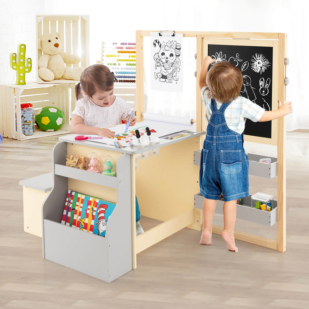 Kids Art Center Wooden Table Bench Set-Gray - Gallery View 1 of 11