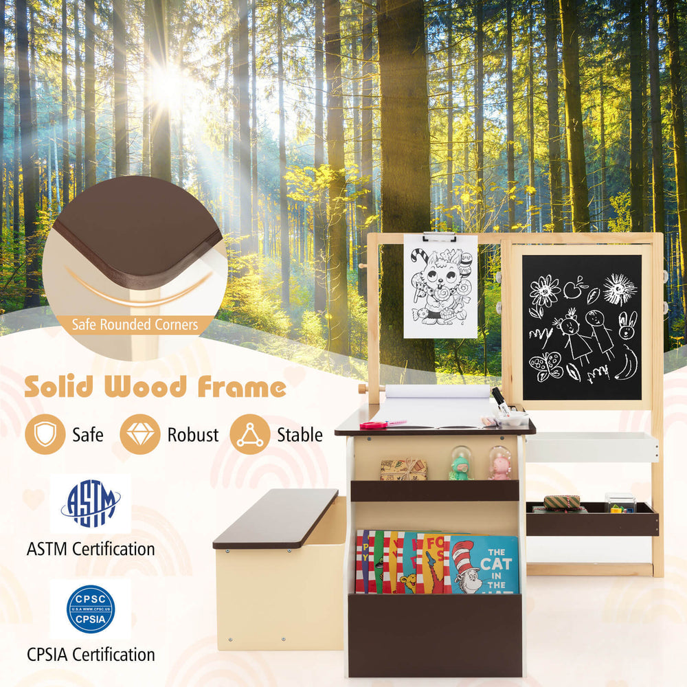 Kids art center wooden table bench set in brown with storage trays, adjustable easel, and safe rounded corners for.