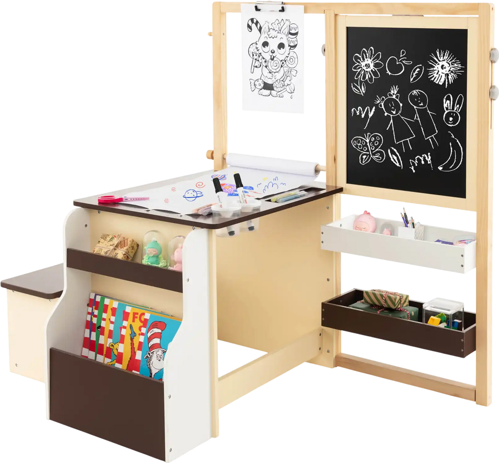 Kids art center wooden table and bench set in brown with storage, reversible whiteboard, and double-sided easel for.