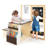 Kids art center wooden table bench set featuring children engaged in creative play, with double-sided easel and storage.