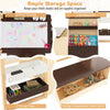 Kids art center wooden table bench set with ample storage, featuring two storage trays and a 2-tier bookshelf for.