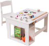 Kids art table and chair set in white with replaceable paper roll and removable paint cups for creative play.