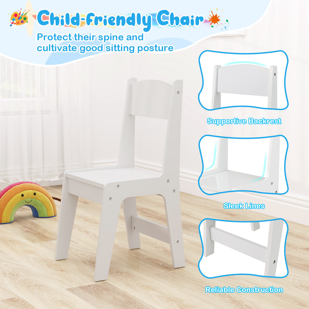 Child-friendly chair with supportive backrest in white, designed for comfort and safety during creative activities.
