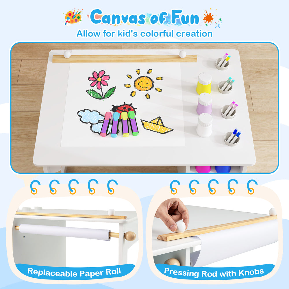 Kids art table and chair set in white featuring a replaceable paper roll and removable paint cups for creative play.