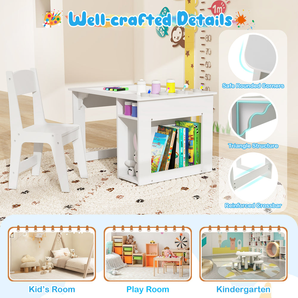 Kids art table and chair set in white with open storage, safe rounded corners, ideal for crafting and drawing.