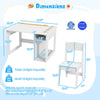 Kids art table and chair set in white with dimensions, featuring a paper roll and removable paint cups for creative.