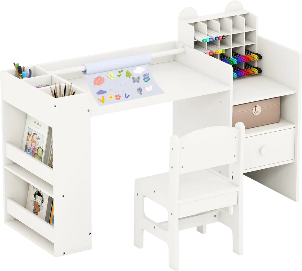 Kids art table and chair set in white with paper roll holder, storage cubes, and rounded edges for safe crafting.