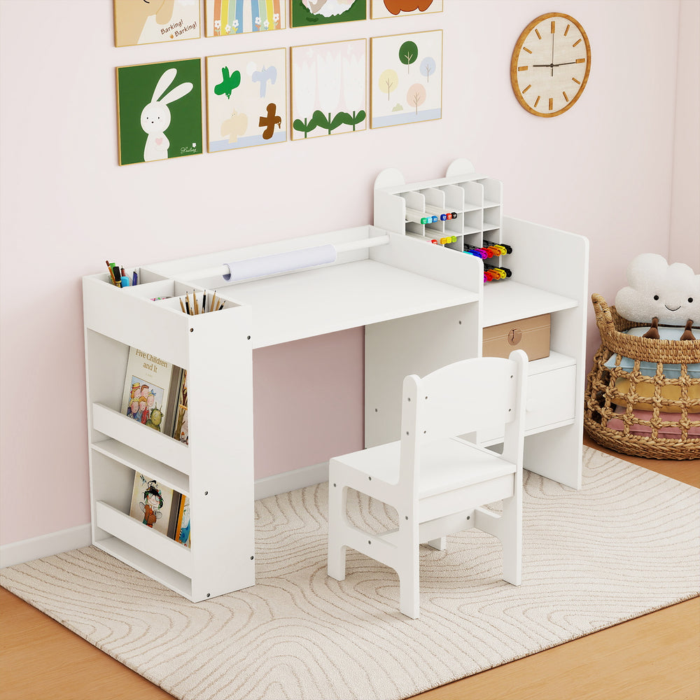 Kids Art Table and Chair Set with Detachable Paper Roll Holder and Cabinet-White - Gallery View 1 of 10