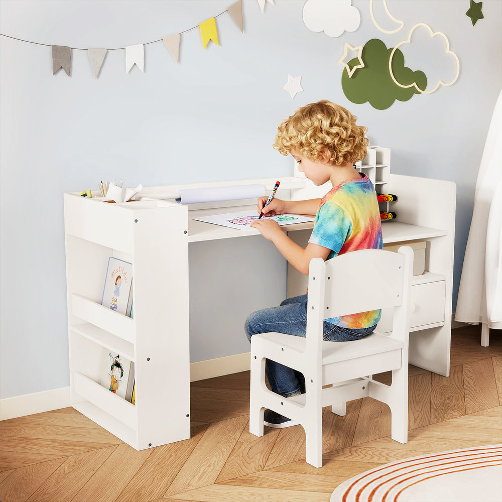 Kids art table and chair set in white with detachable paper roll holder, perfect for crafting and creative play.