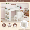 Kids art table and chair set in white with removable cubby cabinet and paper roll holder for creative play and storage.