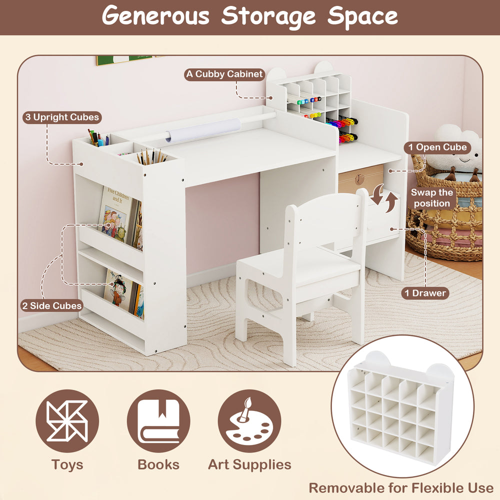 Kids art table and chair set in white with removable cubby cabinet and paper roll holder for creative play and storage.