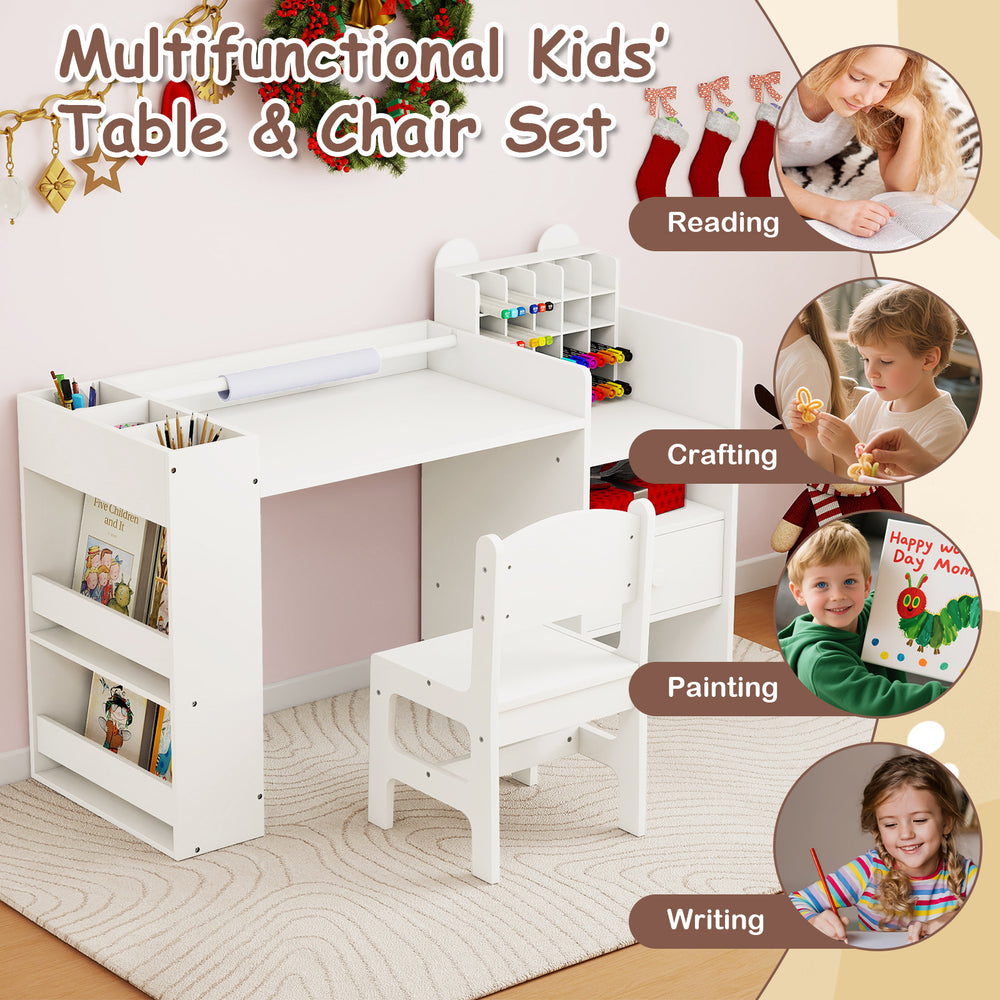 Kids' art table and chair set in white with detachable paper roll holder and storage for crafting, reading, and.