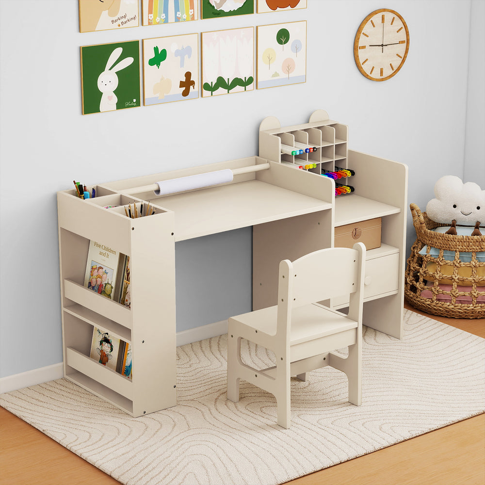 Kids Art Table and Chair Set with Detachable Paper Roll Holder and Cabinet-Natural - Gallery View 1 of 10