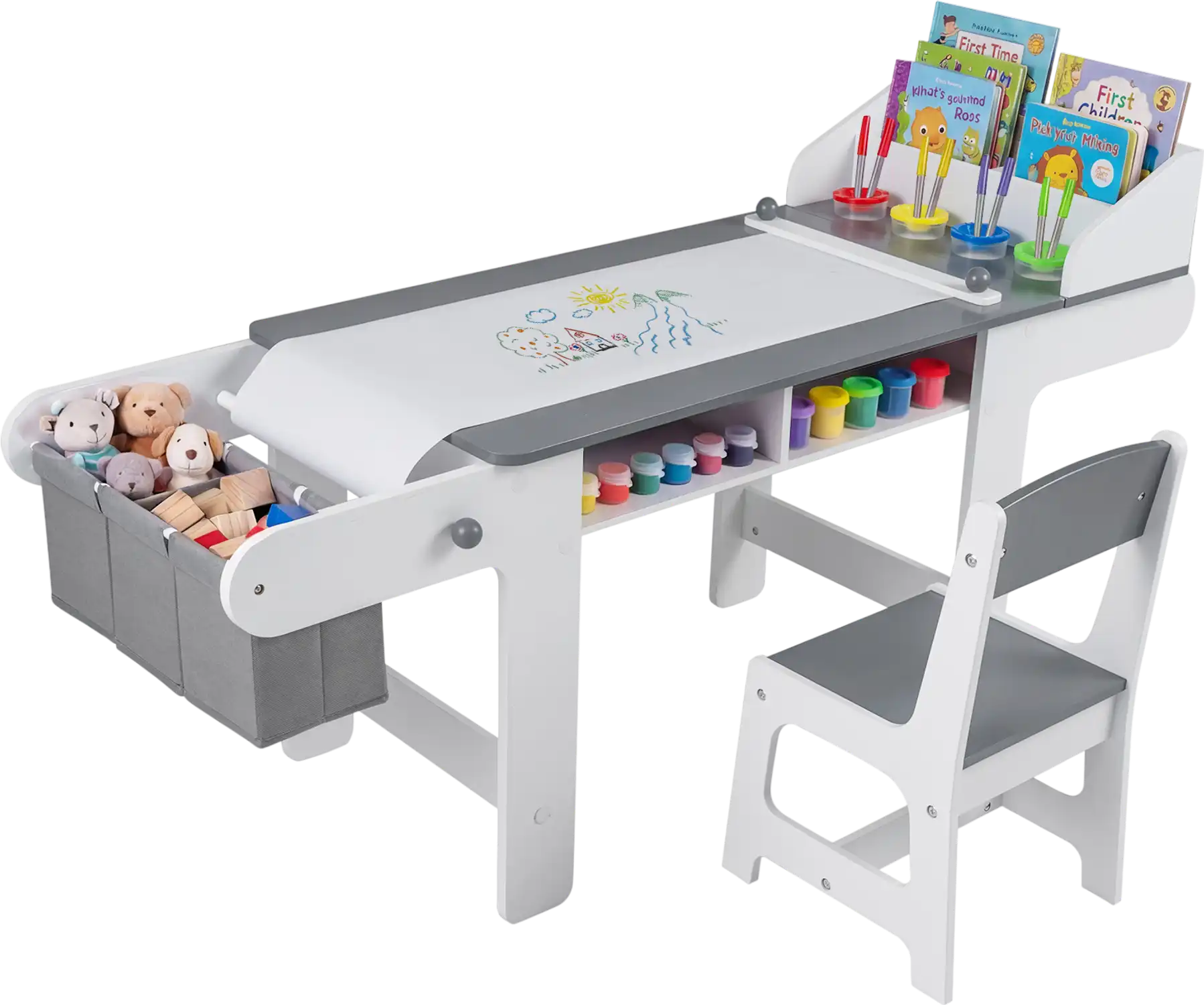 Costway Kids Art Table & Chair Set w/ Paper Roll Fabric Bins 29571774 New